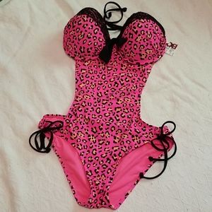 Bongo open back pink leopard swim suit